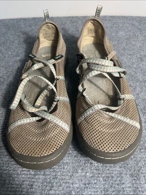 J Sport Comfort Mesh Mary Jane Flats in Taupe with Elastic Crisscross Straps